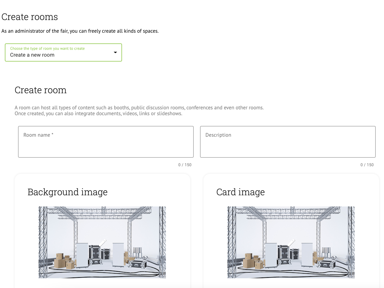 Room or hall creation panel in an appyfair virtual fair