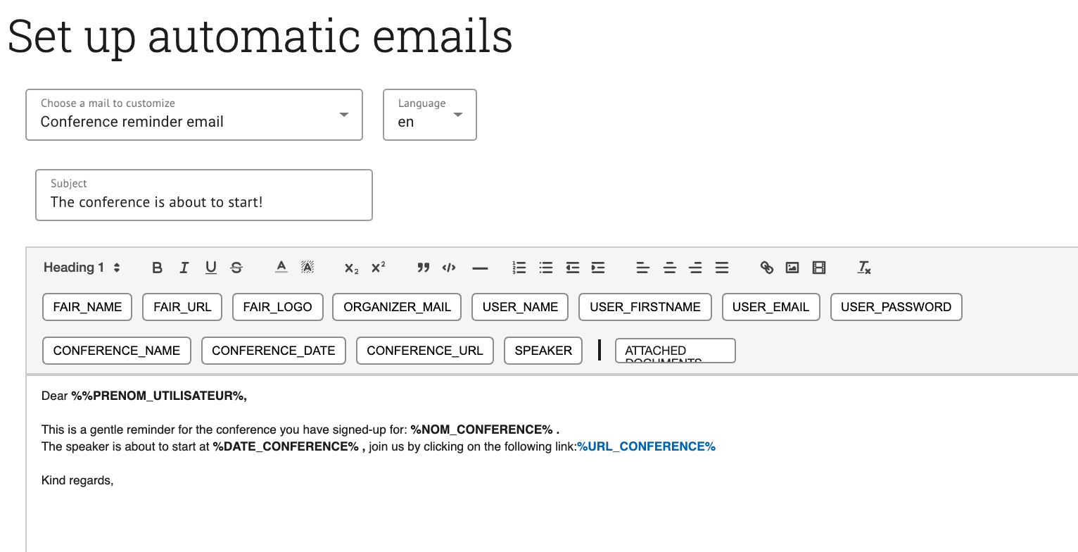 List of customizable email templates sent from an AppyFair virtual fair