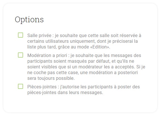 Options d'une salle de discussion sur un salon virtuel AppyFair